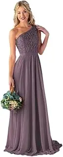 [PRECISCRY] Women's One Shoulder Bridesmaid Dresses Long for Wedding with Pockets Lace Bodice A-Line Chiffon Formal Party Gown LC111