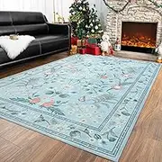 Rugs for Living Room Bedroom, 5x7 Washable Boho Large Area Rug, Shag Non Slip Low Pile Carpet, Floral Vintage Floor Rug for Kids Dorm Nursery Office Playroom Indoor Decor, Blue