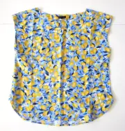 NWT Ann Taylor Linen Rayon Blue Yellow Lemon Boxy Tunic Blouse Women Size XS