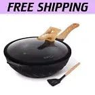 Versatile Induction-Compatible Nonstick Wok Pan - 5.9L, Black Marble Finish