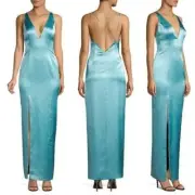 Blue Satin Evening Gown Dress Small Maxi V Neck Long Small Slit Aidan Mattox NWT