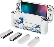 PlayVital AlterGrips Protective Slim Case for Nintendo Switch OLED, Ergonomic Grip Cover for Joycon, Dockable Hard Shell for Switch OLED w/Thumb Grip Caps & Button Caps - The Great Wave Off Kanagawa