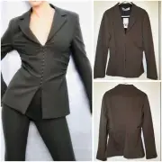 Zara Fitted Blazer Side Ruched Dark Green Jacket Metal Eye Hook Front Large NEW