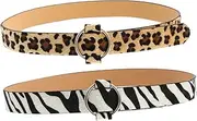 [Healeved] 2Pcs Zebra Print Imitation Leather Belts for Women Round Buckle Casual Waistband Stylish Girdle for Jeans Pants and Dresses Fashionable Wide Waist Belt