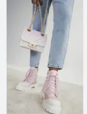 NIB $130.00 Women’s Aldo Charline Combat boot - Lug sole In Pink/ White Size 8