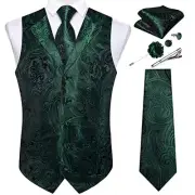 Mens Vest Tie Set 7PCS Silk Paisley Suit Medium Emerald Green Paisley