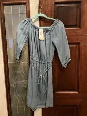 NWT Splendid Women's Indigo Off The Shoulder Dress Drawstring Waist Denim Blue S