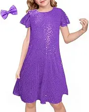 [LQSZ] Girls Sequin Dresses with Hairbow Flutter Sleeve Sparkly Fancy Party Prom Dress for Girls 3-12 Years