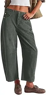 [Generic] Womens Baggy Corduroy Pants Fashion Barrel Cropped Pants Elastic Mid Waist Cord Pants Workout Casual Wide Leg Trouser