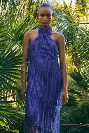 Beach Fringe Metallic Thread Halter Neck Dress