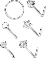 [OUFER] 6PCS 20G Nose Rings Studs, Star&Heart L-Shaped Nose Piercing Jewelry, Nose Rings Hoops for Women, 316L Surgical Steel Glitter Nostril Piercing Jewelry
