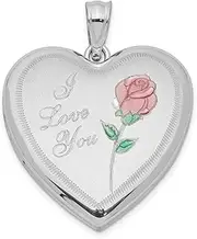 [JewelryWeb] 925 Sterling Silver Patterned Holds 2 photos Polished and satin 24mm Enameled Rose Love Heart Locket