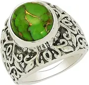 [MOONEYE] Green Copper Turquoise Bezel Set 925 Silver Embossed Statement Wedding Anniversary Party Ring