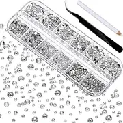 2000 Pieces Flat Back Gems Round Crystal Rhinestones 6 Sizes (1.5-6 mm) with Tweezers and Rhinestones Picking Pen for Crafts Nail Face Art Clothes Shoes Bags DIY (White)