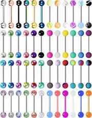 [FIRSAUKI] 48Pcs 14G Colorful Ball Tongue Rings for Women Men Surgical Stainless Steel Nipple Rings Acrylic Plastic Tongue Barbells Piercing Jewelry Bar Length 16mm