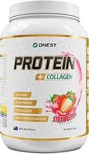 ONEST Collagen Infused Whey Protein Powder 960g – 30 Servings Easy-to-Digest Collagen Powder to Build & Maintain Muscle – 25 Grams Protein & 10 Grams Collagen for Protein Drink (960g, Strawberry)