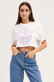 White Crew Cropped Graphic T-Shirt - Size L, Women's Graphic Tee