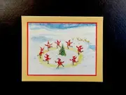 VTG Unused Ursula Arndt Xmas Greeting Card Elves Tossing Snowballs Around Tree