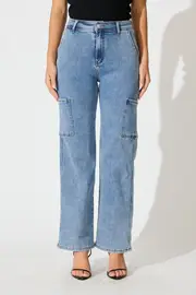 Celeste High Rise Straight Cargo Jean in Mid Blue Denim 8