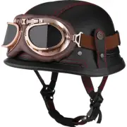 (Black & Red Line, M) Motorcycle Half Helmet Retro German Handmade Leather Half