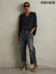 Reiss Navy Tash Relaxed High-Low V-Neck Top (E00685) | $280