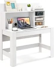 Giantex 120cm Computer Desk with Bookshelf, Home Office Writing Desk with Anti-Tipping Kits & Cable Management Hole, Study Table, Executive Desk, White