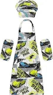 AIXIWAWA Kids Apron Chef Hat Set, Child Kitchen Bib Aprons Adjustable for Cooking Baking Painting (Bright Sport Car)