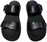 [Generic] Authentic Exotic Crocodile Skin Classic Black Color Men Soft Slippers Genuine Real True Alligator Leather Male Open Toe Slippers, Black, 9.5