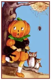Vintage Halloween #43 Black Cat Spider Web Pumpkin Counted Cross Stitch Pattern