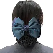 Women Ribbon Bowknot Hair Snood Net Barrette Clips Bun Cover Hairnet French Bow Hair Accessories for Bank Clerk Air Hostess (Blue)