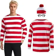 Red and White Striped Shirt Costume for Men Cosplay Knit Beanie Hat Black Glasses Outfit for Adult