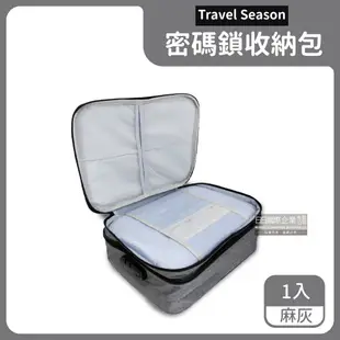 【Travel Season】雙主層多口袋隔層密碼鎖護照證件收納包 (大容量14公升，A4檔案夾整理袋、可掛行李箱拉桿)-黑色/藏青/麻灰