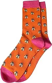 [Purple Possum] Bee Socks Bumble Bees Orange Hot Pink Bamboo Cotton Blend Women's Socks Size 4-7, Orange, 4.5-8 US