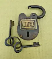 Small Padlock Tag says Alcatraz Rustic Antique Finish Steel Lock w/ 2 Keys