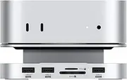 Qwiizlab Aluminum Stand Hub with SSD Enclosure, Docking Station for Mac Mini M4/M4 Pro, USB-A 10Gbps, USB-A 2.0, TF/SD 4.0 312MB/s, Fits M.2 NVMe SSD up to 8TB (Silver)