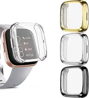 [4 Pack] Meliya Screen Protector Compatible with Fitbit Versa 2 Case, Soft TPU Plated Full Around Protective Case Cover Bumper Shell for Fitbit Versa 2 Smart Watch (Black+Gold+Silver+Clear)