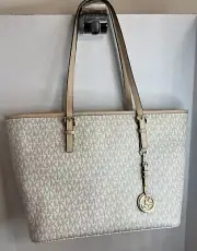 Michael Kors Large Jet Set Logo Monogrammed Travel Tote Purse Vanilla-NEW