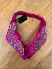 L. Erickson Beaded Embellished Satin Headband Elastic Hairband Fuchsia Pink