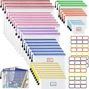 Pack of 36 Document Wallets Waterproof Zip with Stickers, Mesh Zipper Pouches, File Bag, Plastic Zip Bag for File, Documents, School, Paper, Cosmetics (Colourful, 8 Sizes)
