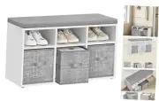 Shoe Bench with Cushion, Shoe Storage 34.3"W x 18.9"H White With Storage Boxes