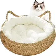 Cat Donut Bed 2-in-1 Woven Basket With Soft Cushion - 38x12cm Indoor Kitten Bed - Scratch-Proof Cozy Round Wicker Cat Basket