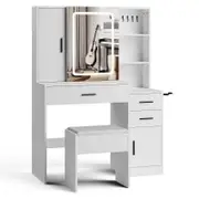 Advwin Dressing Table Stool Set with Mirror LED Lights Jewelry Armoire White