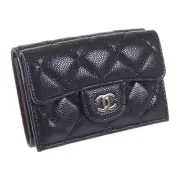 Used Chanel Classic Mall Flap Wallet Ap0230 Tri-Fold Caviar Skin Black Gold Hard