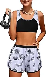 [Gaupafmb] Girls Swimsuit, 3 Piece Swimsuit Tropical Print Color Block Bikini Bathing Suit with Shorts, Size 7-16Y
