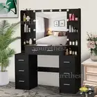 Black Dressing Table With LED Makeup Mirror and 7 Drawers 8 Shelves Vanity Desk