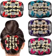 Umibow 4 Pcs Stretchy Magic Hair Combs for Women Double Comb Hair Clip Elastic Wood Beaded Hair Bun Maker Magic Hair Side Combs for Curly Thick Wavy Hair