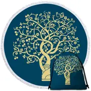 Golden Yellow Tree over Blue Round Beach Towel