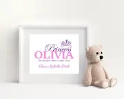 Baby Wall Art, Birth Detail Print, Announcement, Nursery, Gift - Girl Princess