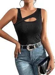 [Generic] Women's Cut Out Front Asymmetrical Neck Rib Knit Sleeveless Tank Top