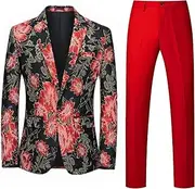 [JEShifangjiusu] Men Set Of Two Crushed Flower Dresses Set One Capsule Dinner Button Tuxedo Coat And Pants Luxury Printed Wedding Suit Coat, Red1, 3XL